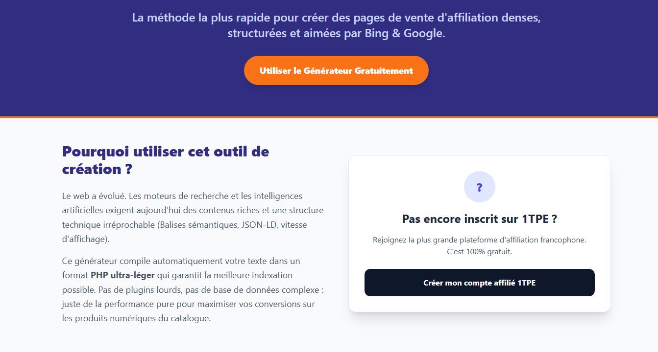 Affiliation 1TPE : Comment automatiser vos revenus avec des pages de vente "IA-Ready"